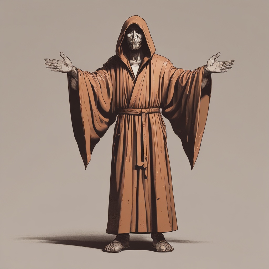 Character with new face in brown hooded robe standing with hands raised